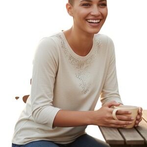 Chicos Zenergy Top Womens 1‎ Small US 8 Embellished Casual Beige W/Gold Sparkle